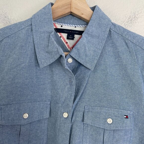 Tommy Hilfiger Womens Medium Light Blue Cotton Button Up Shirt Roll Tab Sleeve - Picture 8 of 9